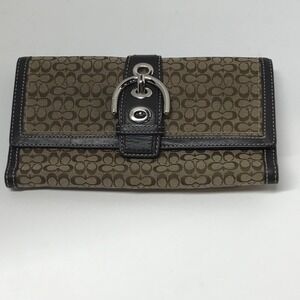 Coach Signature Monogram Canvas Buckle Long Wallet Khaki Brown Leather Trim